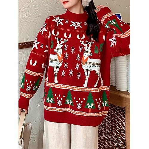 

Women's Ugly Christmas Sweater Pullover Sweater Jumper Christmas Sweaters Crew Neck Ribbed Knit Polyester Knitted Print Fall Winter Regular Outdoor Christmas Daily Stylish Casual Soft Long Sleeve Elk