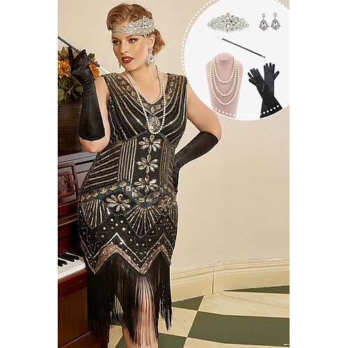 

Rétro Vintage Les rugissantes années 20 1920s Robe à clapet Robe Tenue Bandeau Garçonne Gatsby le magnifique Femme Paillettes Franges Cosplay Costume Grande Taille Noël Halloween Fête / Soirée Robe