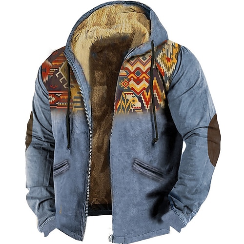 

Christmas Mens Graphic Hoodie Tribal Prints Daily Ethnic Casual 3D Zip Jacket Fleece Holiday Vacation Going Out Hoodies Blue Sky Brown Native American Winter Denim