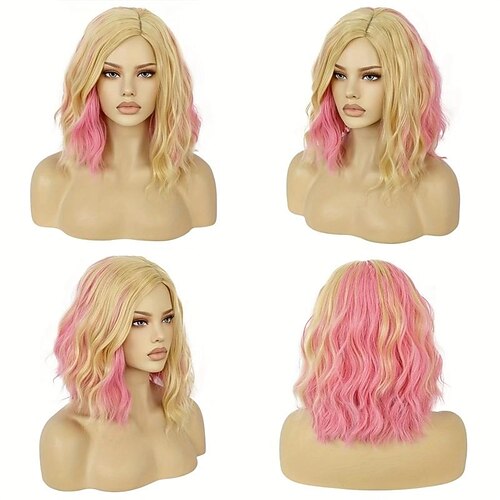 

Blonde gemischte rosa 14-Zoll-Perücken mit lockigem, gewelltem Haar, synthetische Faserhaarperücken für den täglichen Party-Halloween-Gebrauch