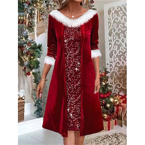 

Robe d'hiver Robe de Noël Robe velours Femme Robe mi-longue Patchwork faux deux pièces Noël du quotidien Rendez-vous Mode Moderne Col V manche longue 2023 Standard Vin S M L XL XXL