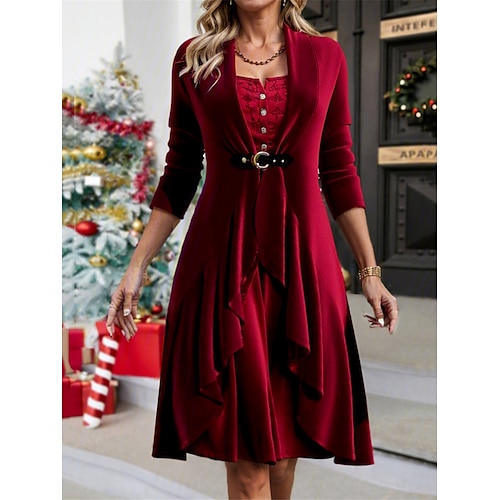 

Vestido vermelho feminino para festa de natal, vestido de veludo, vestido de coquetel, vinho, manga comprida, gola redonda, moda inverno