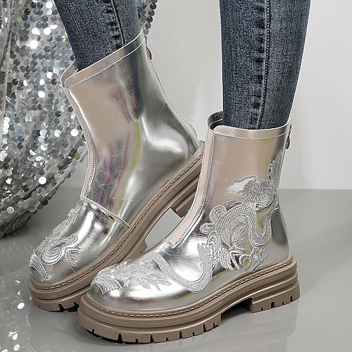 

Mulheres Botas Botas Metálicas Tamanhos Grandes Festa Ao ar livre Diário Botas da panturrilha Salto Robusto Ponta Redonda Vintage Elegante Sensual Couro Sintético zíper Côr Sólida Prata Dourado