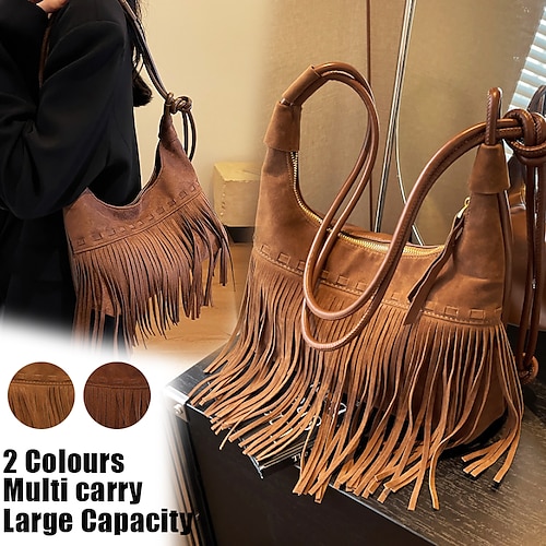 

Women's Crossbody Bag Shoulder Bag Hobo Bag Baguette Bag PU Leather Outdoor Daily Holiday Tassel Zipper Large Capacity Lightweight Durable Solid Color Brown Coffee