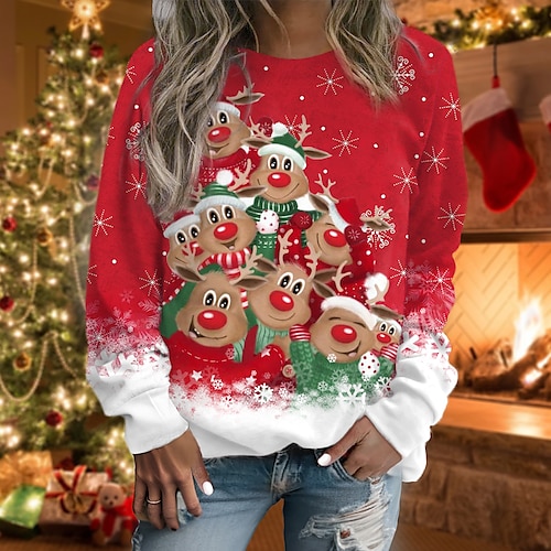 

Women's Pullover Christmas Sweatshirt Reindeer Snowflake Sportswear Festival Print Black Pink Red Party Christmas Round Neck Long Sleeve Top Micro-elastic Fall & Winter