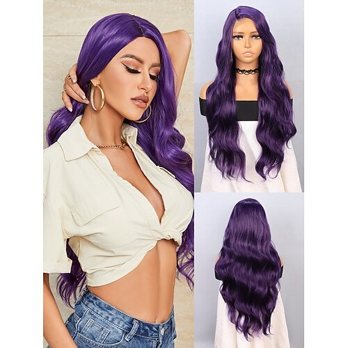 

Synthetic Lace Wig Body Wave Style 26 inch Purple Middle Part U Part Wig Women Wig Dark Purple Christmas Party Wigs