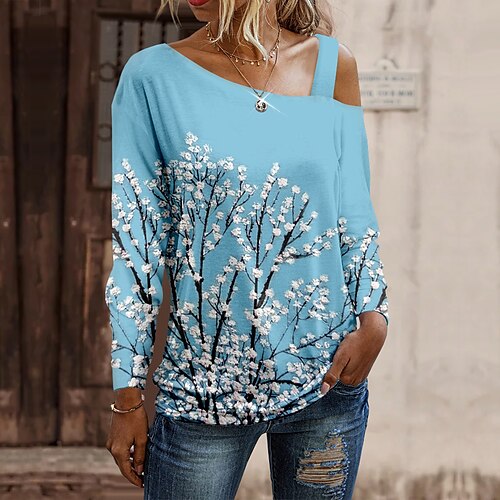 

Women's T shirt Tee Blue Floral Print Long Sleeve Holiday Weekend Fashion Diagonal Neck Regular Fit Floral Painting Spring Fall