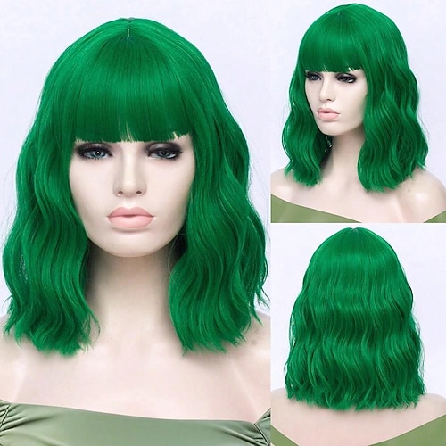 

Perruque synthétique bouclée et ondulée verte pour femmes, cheveux courts et moelleux, naturels, cosplay, avec frange, pour fête quotidienne, fête de noël