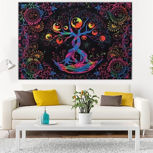 

Mandala, böhmischer Schwarzlicht-Wandteppich, UV-reaktives Leuchten im Dunkeln, Baum des Lebens, trippy neblig, hängender Wandteppich, Wandkunst-Wandbild für Wohnzimmer und Schlafzimmer