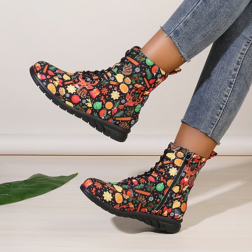 

Women's Boots Plus Size Go Go Boots Halloween Daily Booties Ankle Boots Lace-up Flat Heel Round Toe Casual PU Zipper Color Block Black Blue Orange