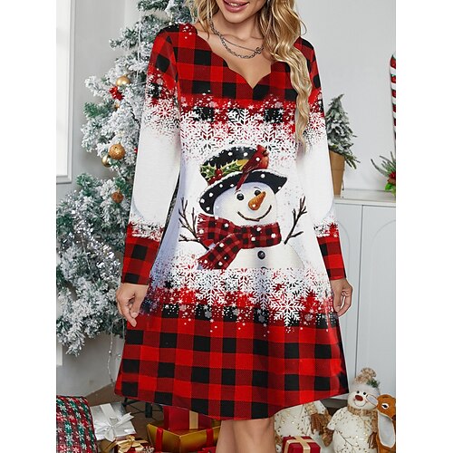 

Women's Work Dress Casual Dress Fashion Winter Dress Christmas Daily Mini Dress Print V Neck Long Sleeve Plaid Snowman Regular Fit Red Blue Purple Fall Winter S M L XL XXL