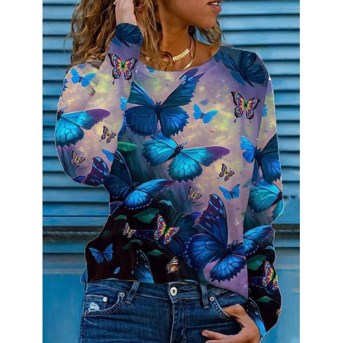 

Mujer Camiseta Mariposa Azul Piscina Estampado Manga Larga Diario Fin de semana Moda Escote Redondo Ajuste regular Primavera Otoño