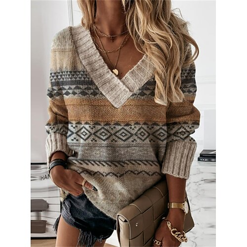

mujer cuello en v jersey jersey punto acanalado poliéster estampado otoño invierno regular al aire libre diario salir moda streetwear estilo vintage manga larga geométrico bloques caqui s m l