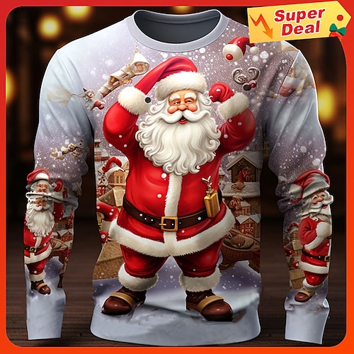 

Christmas T Shirt Graphic Santa Claus Fashion Designer Casual Men's 3D Print T shirt Tee Sports Outdoor Holiday Going out Christmas T shirt Navy Blue Green Khaki Long Sleeve Crew Neck Shirt Spring &