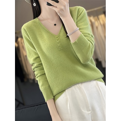 

Mujer Suéter de punto Escote en Pico Estriado Tejer Poliéster Botón De Punto Otoño Invierno Regular Exterior Diario Festivos Moda Ropa de calle Casual Manga Larga Color sólido Negro Blanco Verde Claro