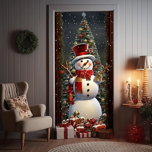 

Christmas Snowman Tree Door Covers Xmas Decoration Backdrop Door Banner for Front Door Farmhouse Christmas Holiday Party Decor Supplies