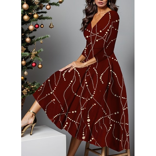 

женское красное рождественское праздничное платье блестящее рождественское платьепраздничное платье коктейльное платье розовое вино красное с рукавами 3/4 в клетку с глубоким v-образным вырезом