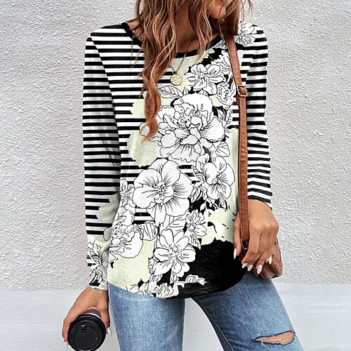 

Mulheres Camiseta Preto Floral Listrado Imprimir Manga Longa Feriado Final de semana Moda Decote Redondo Normal Tema Flores Pintura Primavera Outono