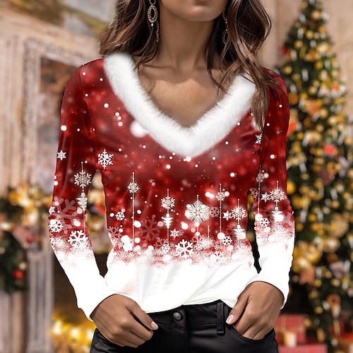 

Femme T shirt Tee Chemise de Noël Motif de flocon de neige Rouge Bleu Violet Imprimer manche longue Soirée Noël Fin de semaine Fête / Célébration col de fourrure Standard Automne hiver