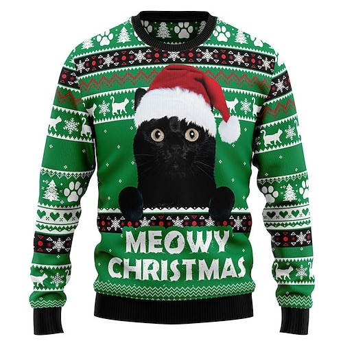 

Cat Letter Snowflake Casual Men's Knitting Print Ugly Christmas Sweater Pullover Sweater Jumper Knitwear Outdoor Daily Vacation Christmas Long Sleeve Crewneck Sweaters Green Fall Winter S M L Sweaters