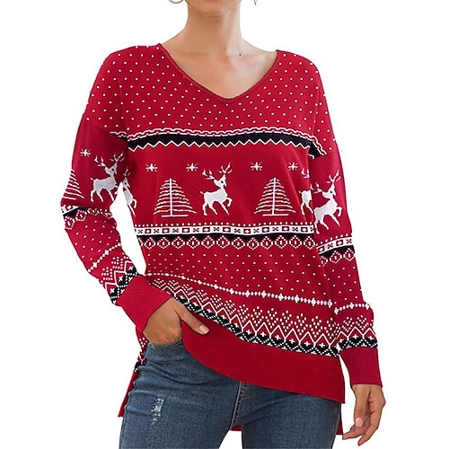 

Damen Hässlicher Weihnachtspullover Pullover Weihnachtspullover V Ausschnitt Gerippt Stricken Polyester Gespleisst Strick Asymmetrischer Saum Herbst Winter Standard Outdoor Weihnachten Täglich