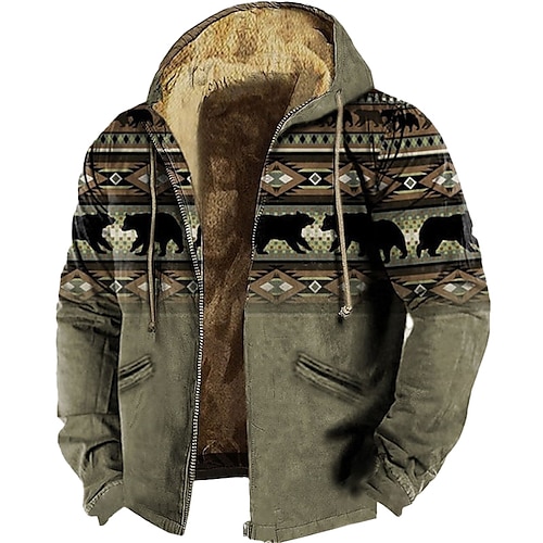 

Christmas Bear Print Jacket Mens Graphic Hoodie Animal Tribal Prints Daily Ethnic Casual 3D Fleece Outerwear Holiday Vacation Going Hoodies Blue Brown Bears Native American Winter Grey Cotton