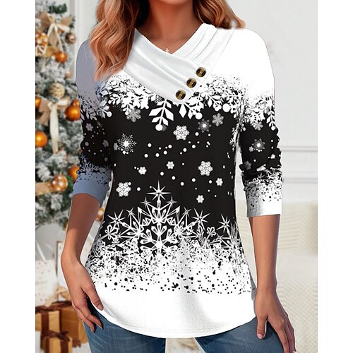 

Women's T shirt Tee Christmas Shirt Christmas Tree Snowflake Black Button Print Long Sleeve Christmas Weekend Festival / Holiday V Neck Regular Fit Spring Fall