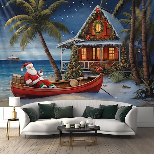 

Noël plage père Noël suspendu tapisserie mur art noël grande tapisserie décor mural photographie toile de fond couverture rideau maison chambre salon décoration