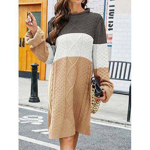 

Damen Pullover Kleid Ständer Gedrehtes Stricken Acryl Patchwork überdimensional Herbst Winter Lang Outdoor Täglich Ausgehen Stilvoll Brautkleider schlicht Weich Langarm Farbblock Wein Khaki S M L