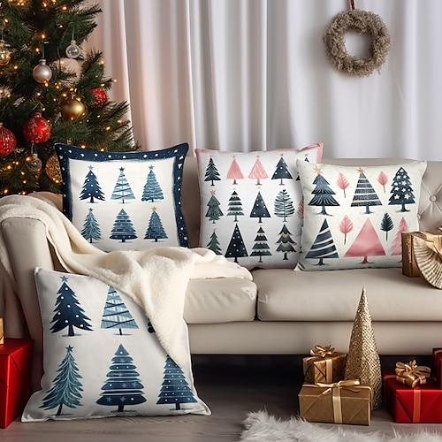 

Weihnachtsbaum, doppelseitiger Kissenbezug, 4 Stück, skandinavische Volkskunst, Weihnachten, weich, dekorativ, quadratischer Kissenbezug, Kissenbezug für Schlafzimmer, Wohnzimmer, Sofa, Couch, Stuhl