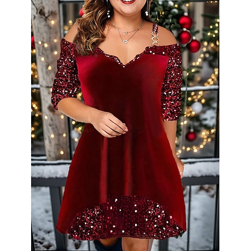 

Mini robe Femme Grande Taille robe soirée manche longue Printemps Automne Hiver - Mode Soirée Moderne Paillettes Patchwork Brillant Couleur monochrome Noël robe demoiselle d honneur robe automne