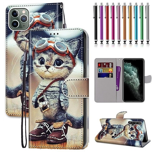 

Handy Hülle Handyhüllen Für iPhone 15 Pro Max Plus iPhone 14 13 12 11 Pro Max Plus Mini Brieftasche Kartenetui mit Handschlaufe Ständer Kartenschlitz Katze TPU PU-Leder