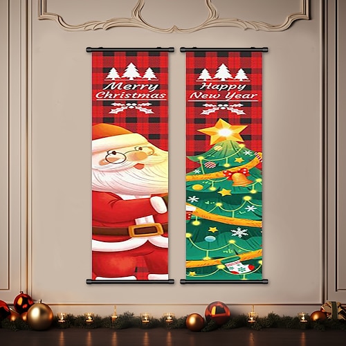 

1pc Christmas Poster with Hangers Courtyard Santa Claus Snowman Wall Art Canvas Posters Art For Home Living Room Decoration Wall Art Decor