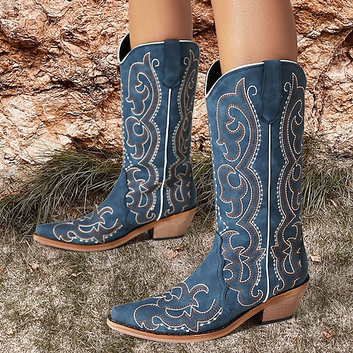 

Femme Bottes Bottes Cow boy Soirée Bottes mi-mollet Broderie Talon Bottier Bout pointu Bohême Polyuréthane Broderie Bleu