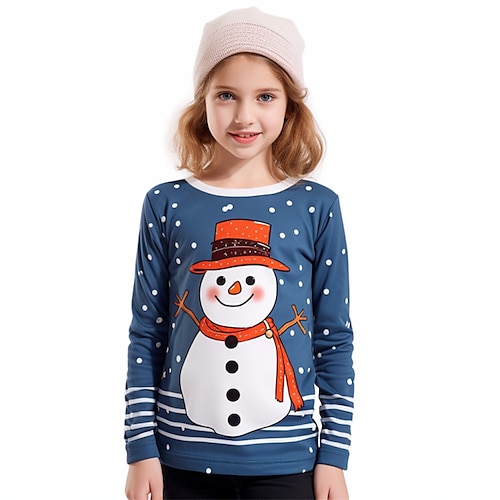 

Natal Para Meninas 3D Boneco de Neve Listra Camiseta Camisa Manga Longa Impressão 3D Outono Inverno Ativo Moda Estilo bonito Poliéster Infantil 3-12 anos Gola Redonda Ao ar livre Casual Diário Normal