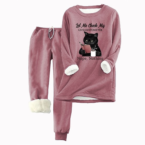 

Damen Pullover Trainingsanzug Hosen-Sets Vlies Katze Buchstabe Rosa Rote Blau Kordelzug Bedruckt Langarm Casual Warm Täglich Rundhalsausschnitt Regular Fit Herbst Winter