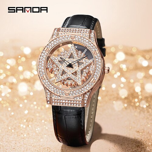 

Sanda Damen-Quarzuhr, luxuriöse Strass-Business-Armbanduhr, wasserdichte Dekoration, PU-Lederuhr