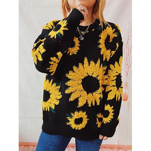 

Mulheres Pulôver suéter Gola Redonda Robusto Tricotar Polyester Bordado Primavera Outono Inverno Padrão Diário Feriado namorados à moda Casual Manga Longa Floral Preto Amarelo S M L