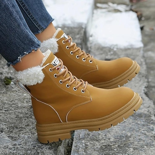 

Damen Stiefel Schneestiefel Übergrössen Outdoor Täglich Innenfutter aus Fleece Stiefeletten Stiefeletten Blockabsatz Runde Zehe Plüsch Brautkleider schlicht Minimalismus PU Schnürsenkel Feste Farbe