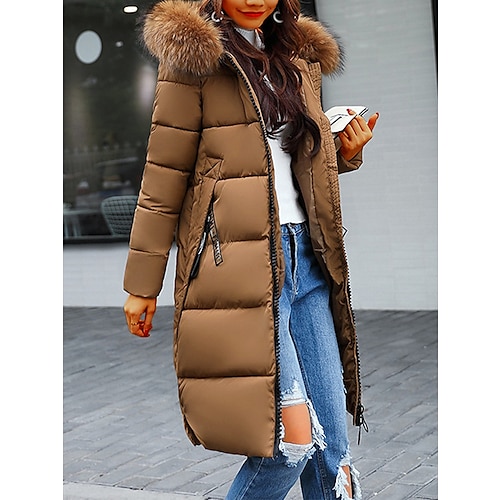 

Women's Parka Long Puffer Jacket Winter Coat Zip up Hooded Coat with Fur Collar Thermal Warm Heated Coat Fall Brown Maillard Outerwear with Pockets Warm Classic Long Sleeve Fall Red