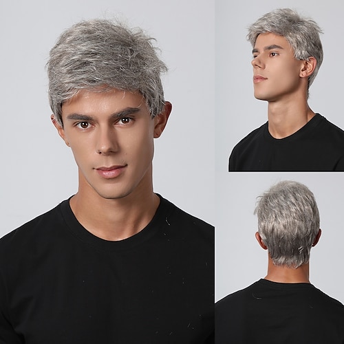 

Peruca sintética kinky reta parte do meio em camadas máquina de corte de cabelo feita peruca 8 polegadas cinza cabelo sintético masculino cosplay festa moda loira perucas de festa de natal