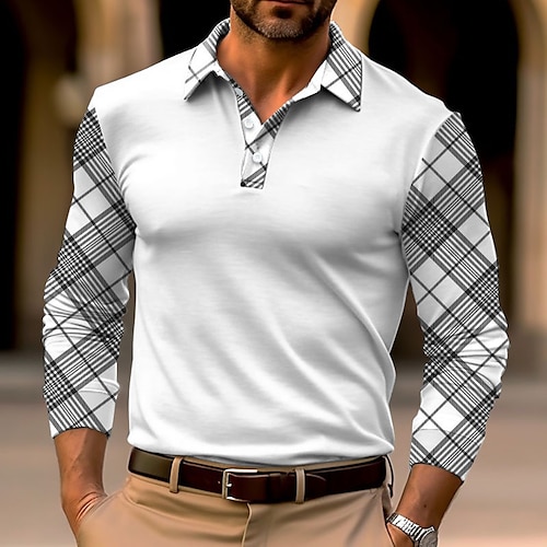 

Plaid Business Men's 3D Print Golf Polo Outdoor Casual Daily Streetwear Polyester Long Sleeve Turndown Polo Shirts Black White Wine Fall Winter S M L Micro-elastic Lapel Polo