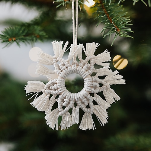 

Perle en bois tissée à la main, pendentif flocon de neige, corde en coton faite à la main, ornement d'arbre de noël, tenture murale blanche, sens de noël