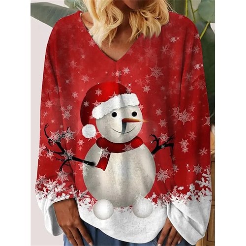 

Mujer Camiseta Camisa de Navidad Rojo Gris Muñeco de Nieve Copo Estampado Manga Larga Fiesta Navidad Fin de semana Festival / Vacaciones Escote en Pico Ajuste regular Pintura Primavera Otoño