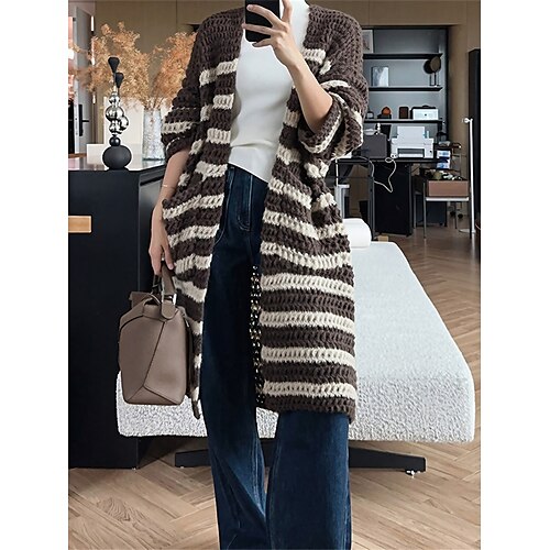 

Women's Cardigan Sweater Jacket V Neck Crochet Knit Polyester Pocket Knitted Fall Winter Long Outdoor Daily Going out Fashion Streetwear Casual Long Sleeve Color Block Striped Khaki Coffee S M L