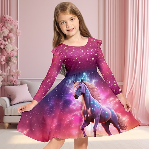 

Платье с 3D рюшами и 3D единорогом для девочек, с длинными рукавами, с 3D принтом, осень-зима, виды спорта & Милое повседневное красивое повседневное платье для детей от 3 до 12 лет на открытом