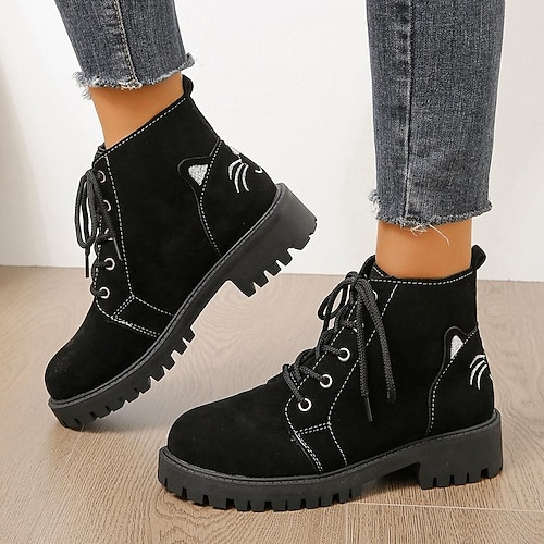 

Damen Stiefel Springerstiefel Outdoor Täglich Stiefeletten Stiefeletten Stickerei Blockabsatz Runde Zehe Vintage Elegant Brautkleider schlicht PU Schnürsenkel Halbschuhe Katze Schwarz