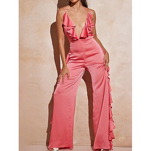 

Mujer Mono Volante Retazos Color sólido Escote en V Profunda Ropa de calle Fiesta Calle Ajuste regular Sin Mangas Rojo Verde Trébol S M L Otoño