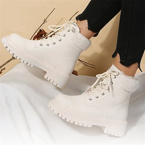 

Women's Boots Combat Boots Outdoor Daily Mid Calf Boots Buckle Flat Heel Round Toe Vintage Casual Minimalism Faux Leather Zipper Solid Color Black White Yellow