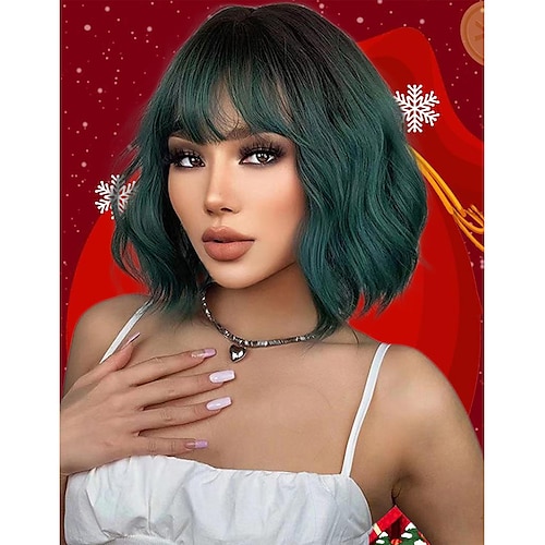 

Fluffy Black Gradient Green Short Wavy Synthetic Wig - Greenish Blue 14inch